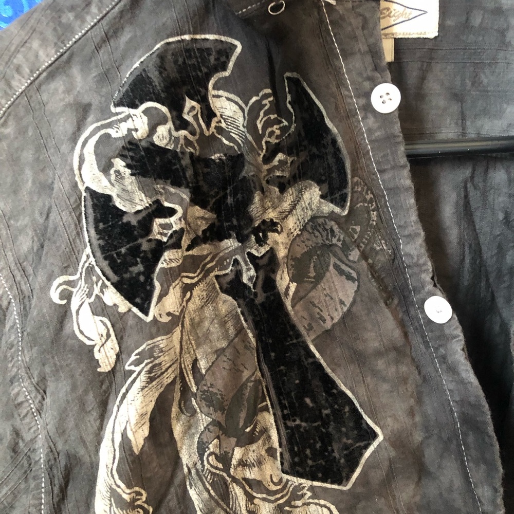 Velvet Cross Acid Wash Button Up Collared Shirt